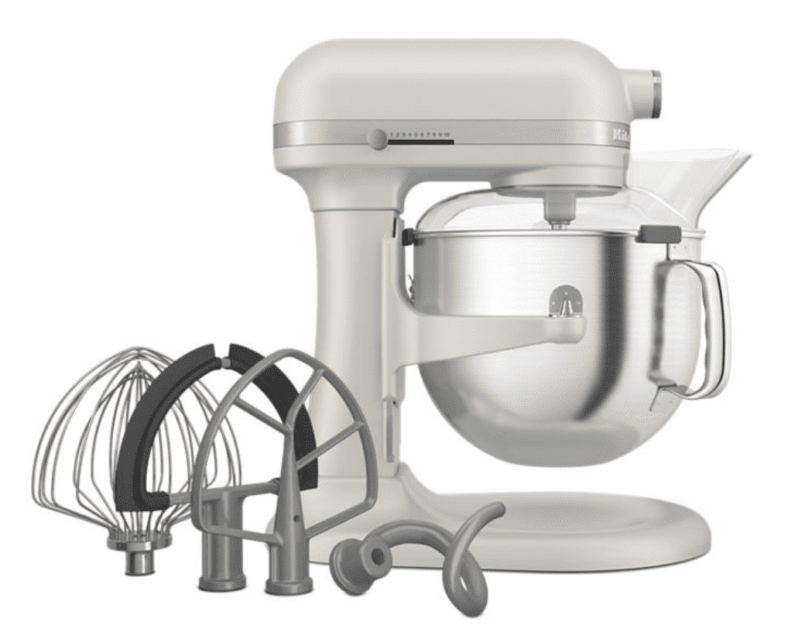 image of the KitchenAid 7-Quart stand mixer shown in color "milkshake" with all of the accessories that it comes with.